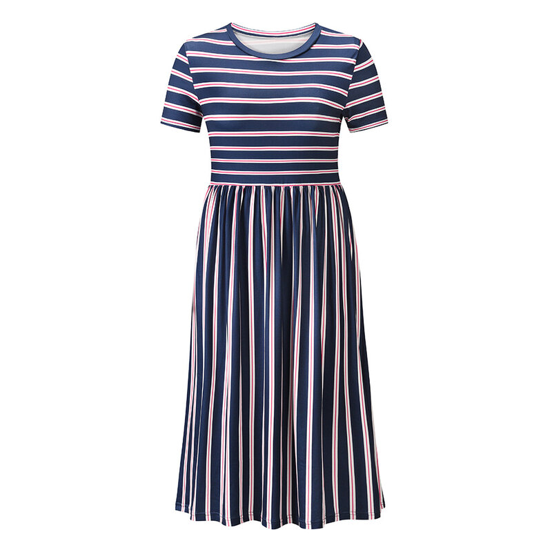 Ygブランド女性の新ストライプのドレス2021夏ルーズ半袖aラインミディアムの長さのスカート