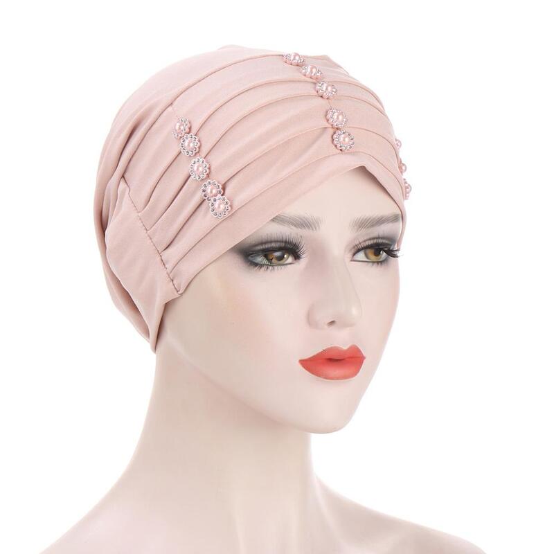 2020 Trendy Donne Musulmane Ripple Turbante Berretti Con Perline Velo Cofano Hijab Islamico Headwraps Caps Elastico Underscarf Cap
