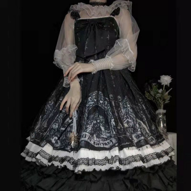 Japonês gótico jsk lolita vestido feminino vintage vitoriano sem mangas arco princesa chá vestidos de festa meninas chique impressão lolita vestido