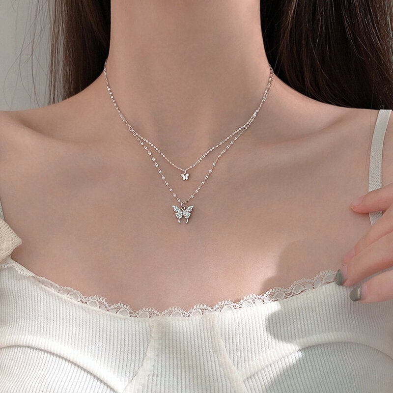 HKMMH-collar de plata de ley 925 de doble capa con forma de mariposa y circón, joyería elegante, regalo de cumpleaños, 2021