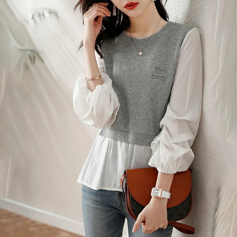 2021 blusa feminina outono novo estilo retalhos em torno do pescoço temperamento coreano moda chiffon malha superior escritório senhora roupas