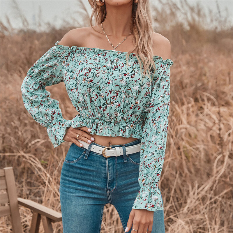 Màu Xanh Lá Cây Tắt Shoulder Floral In Phụ Nữ Áo Sơ Mi Một Vai Dài Sheelves Voan Tops Mùa Hè Thanh Lịch KHÁCH SẠN Holiday Nữ Hàng Đầu