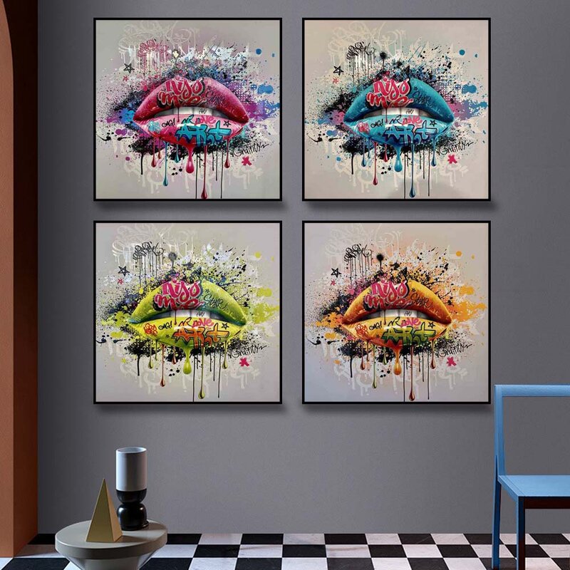 Pintura en lienzo con estampado artístico de grafiti moderno, póster sexy de labios de color para oficina, sala de estar, pasillo, decoración del hogar, mural