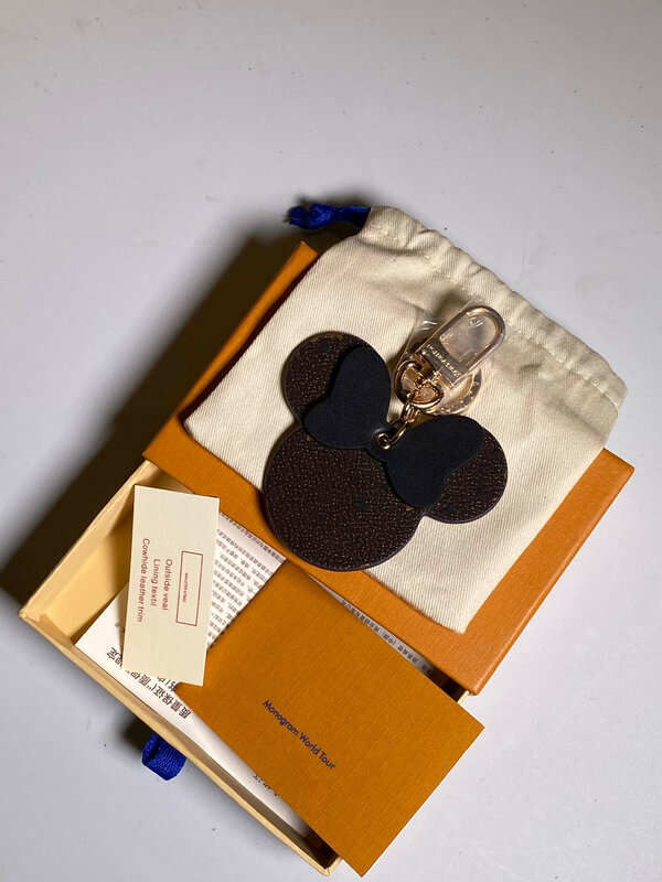 Points bruns chauds motif carré porte-clés en cuir de luxe vieille fleur en cuir Mickey Minnie cercle boucle porte-clés Auto voiture porte-clés