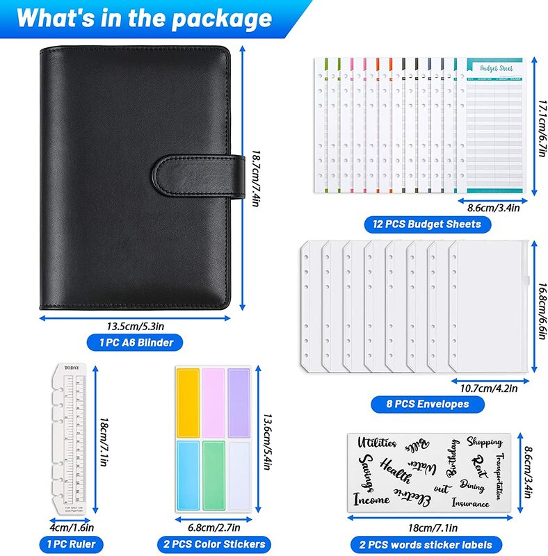 A6 PU Leather Budget Binder 6 Ring Money Planner Organizer with 8 Cash Envelopes ,12 Budget Sheets,29 Categories Letter Stickers