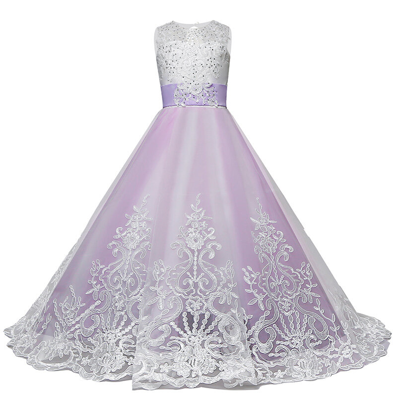 Elegante vestido de princesa para niñas, Vestido largo de encaje de tul púrpura, fiesta, desfile, damas de honor, vestido Formal para niñas adolescentes