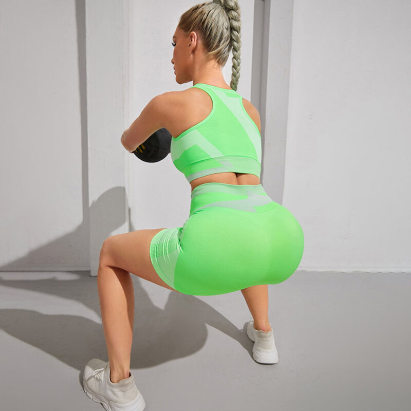 2 Buah Set Yoga Wanita Bra Olahraga Mulus Celana Pendek Kebugaran Pinggang Tinggi Set Latihan Pakaian Olahraga Lari Pakaian Olahraga Setelan Olahraga