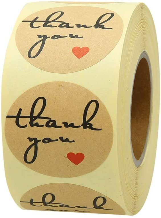 500 Natural Kraft Paper Round Cookie Stickers Thank You Stickers with Red Heart 1 Inch Permanent Adhesive Label