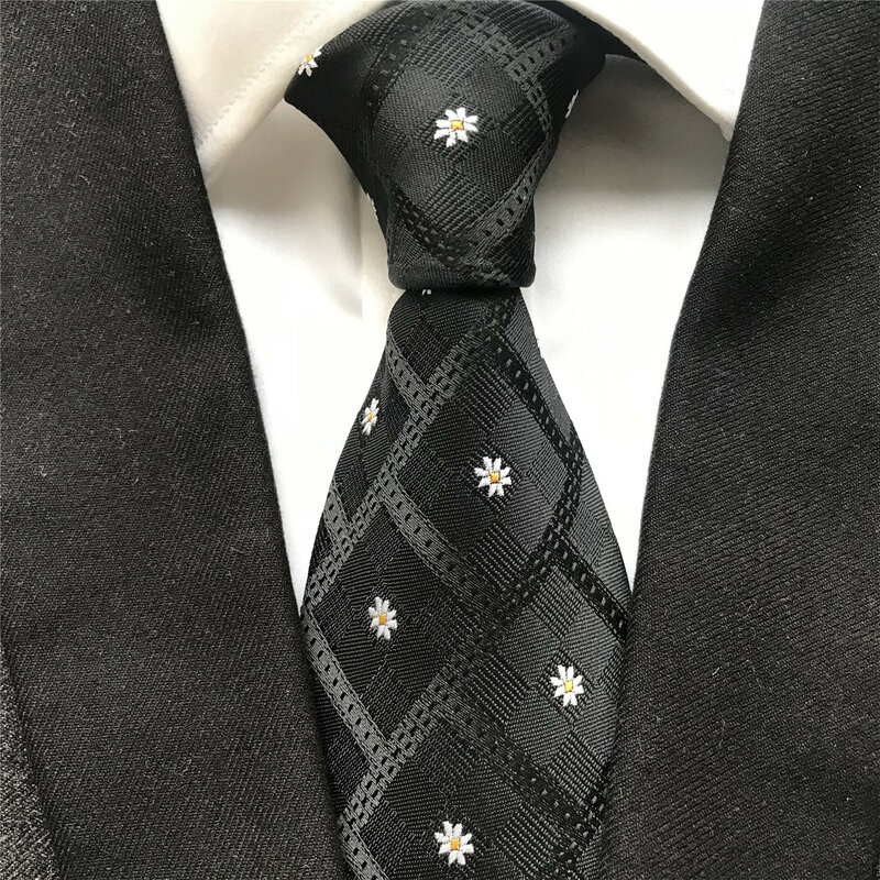 Cravates Jacquard tissées pour hommes, nouveau Design de 10 cm de largeur, cravates de cou à carreaux noirs avec fleurs brodées
