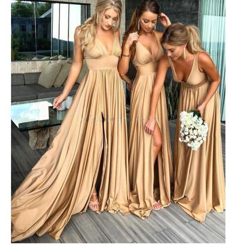 2021 Nieuwe Zomer Boho Bruidsmeisje Jurken Geplooide Diepe V-hals Floor Lengte Beach Wedding Gast Partij Jassen Lange Jurk Custom gemaakt