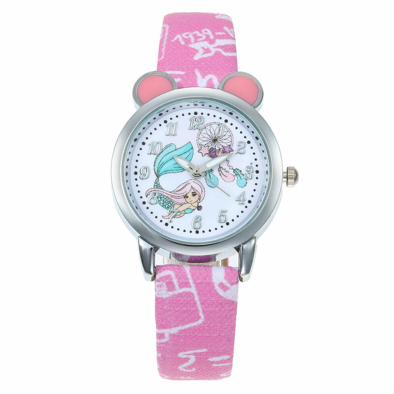 สีชมพูน่ารัก Mermaid นาฬิกาข้อมือเด็กนาฬิกาการ์ตูนสายหนังเด็กนาฬิกา Quartz นาฬิกา Relogio Masculino Saat