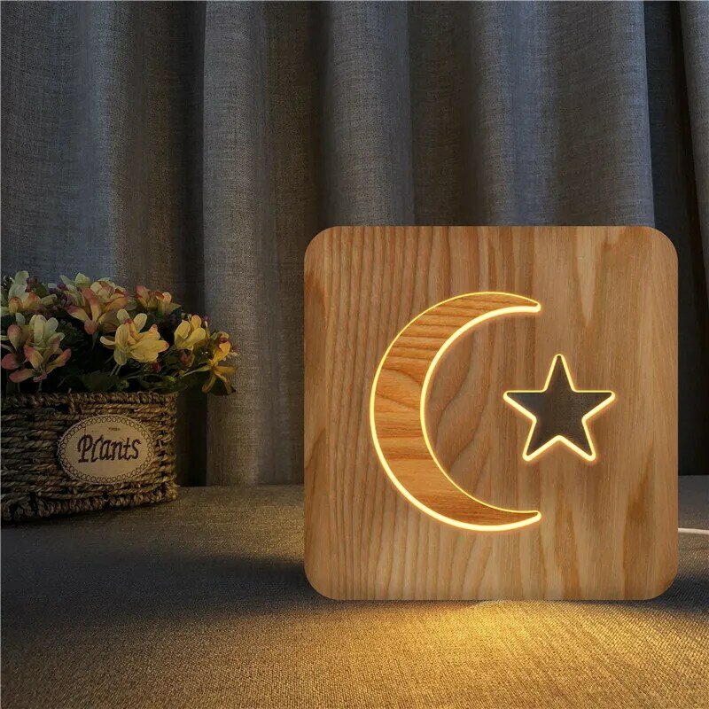 Wooden Moon Star Cloud 3D LED Lamp USB Powered Desk Lights for Baby Warm White Sleeping Night Holiday Home Decor Gift