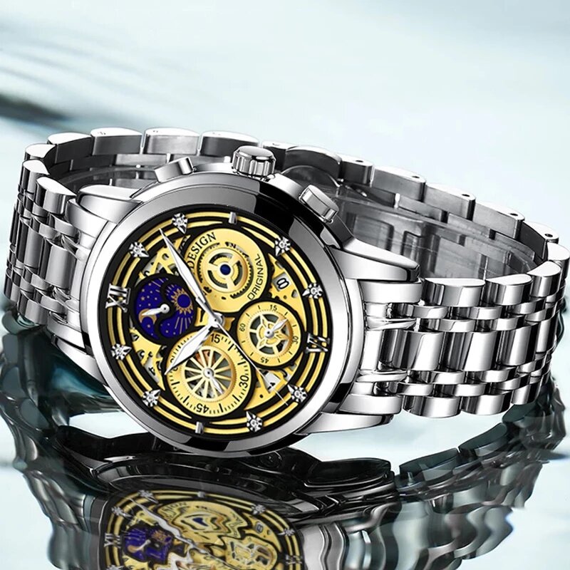 Relógio masculino de aço inoxidável, relógio de pulso impermeável esportivo de luxo com cronógrafo, quartz, novo, 2021