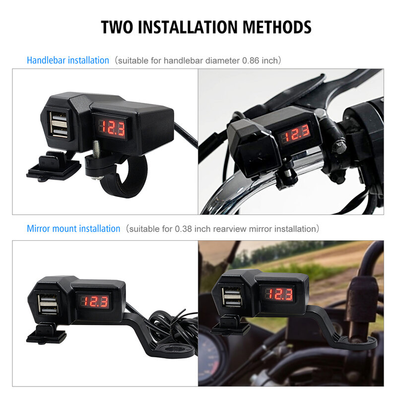 Carregador de celular usb duplo multifuncional, adaptador com voltímetro e silicone abs para motocicleta