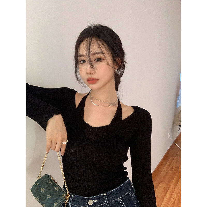 Fake Two-Piece Halter White Sweater Women's Autumn 2021 New Long Sleeve Slim Tight Bottoming Sweater Top