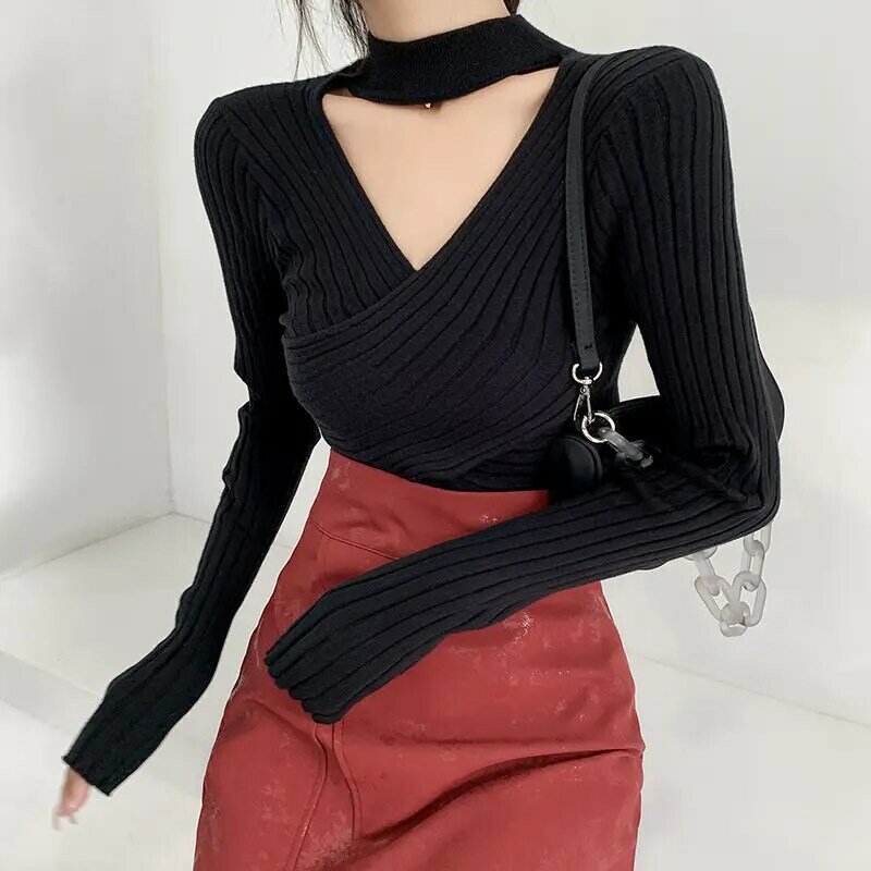 Women's Knitted Pullover Sexy V Neck Cross Vertical Stripes Hollow Long Sleeves Slim Tops Wholesale Autumn Trendy Lady Clothing