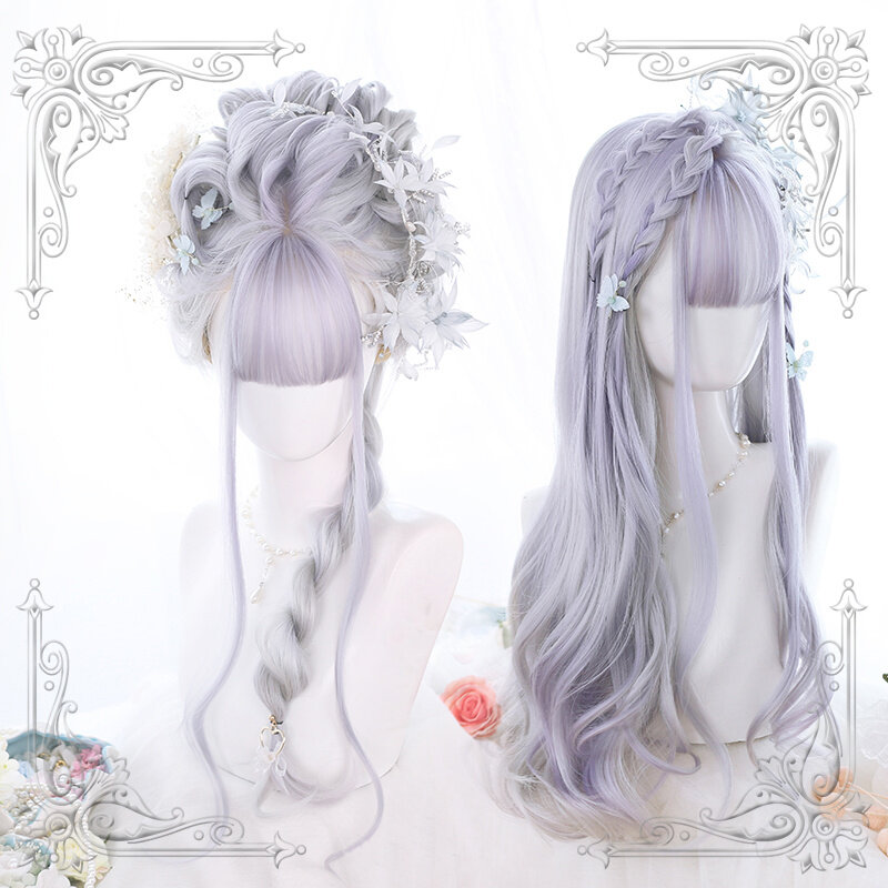 High Quality Lolita Moon Cold Gray Big Wave Daily Girl Synthetic Long Wig  Fairy Cosplay Party
