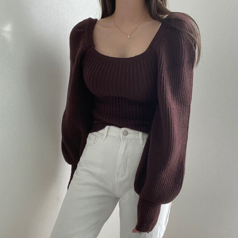 Sweter Pullover Rajutan Lengan Puff Kerah Persegi Warna Solid Vintage untuk Wanita