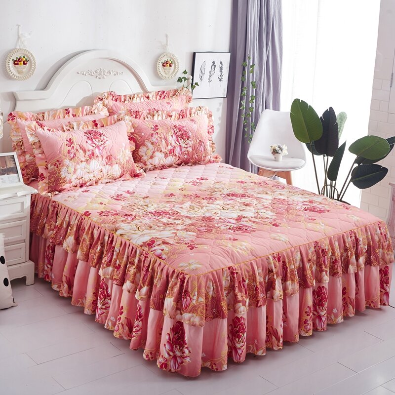 Yaapeet 1pcs Princess Bedding Bed Skirt Pillowcases Winter Thick Warm Lace Bed Sheets Mattress Cover King Queen Size Bed Cover
