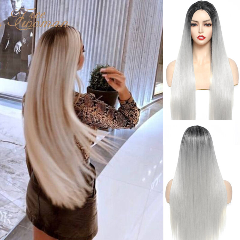 FREEWOMAN Long White Straight Wig With Natural Hairline Dark Roots Middle Part Synthetic Wigs For Women Party False Hair Wigs