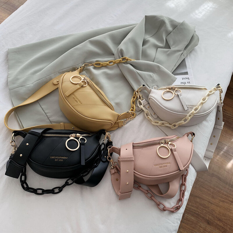 2020 New In Messenger Bag Women Hobos Letter Chains Single Shoulder Chest PU Leather Handbag Wide Straps Day Clutches