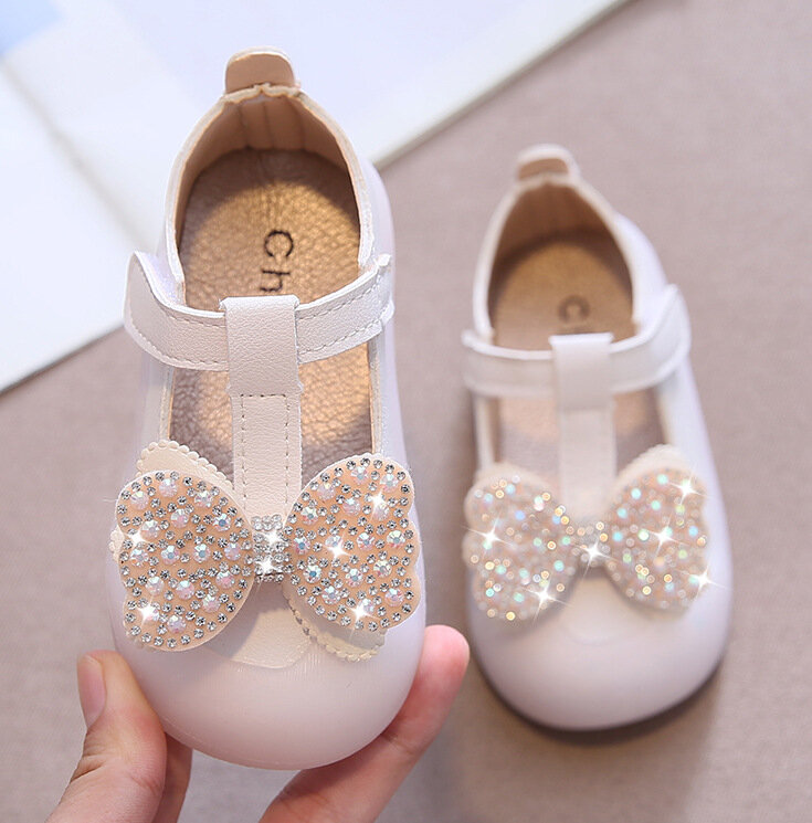 Meninas sapatos de casamento nupcial cristal t cinta crianças bowtie bling princesa sapatos branco bebê criança crianças anti-escorregadio sapatos de festa