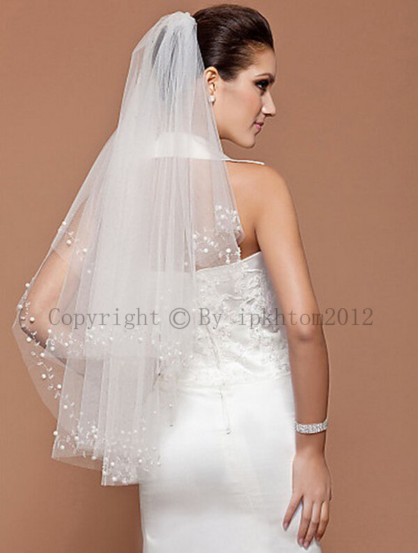 Voile de mariée perlé blanc 2 couches, accessoires de mariage avec peigne, vente en gros