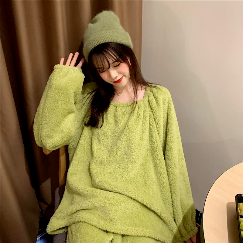 QWEEK piżamy dla kobiet jednokolorowe flanelowe ubrania domowe różowy żółty zielony Pijamas zimowa bielizna nocna koreański moda piżamy słodkie