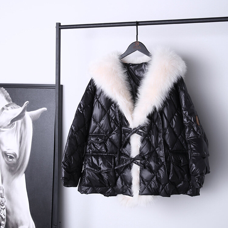 Fábrica 2021 novo estilo de moda feminina genuína pele de raposa branca gola marinha xadrez casual jaqueta para baixo