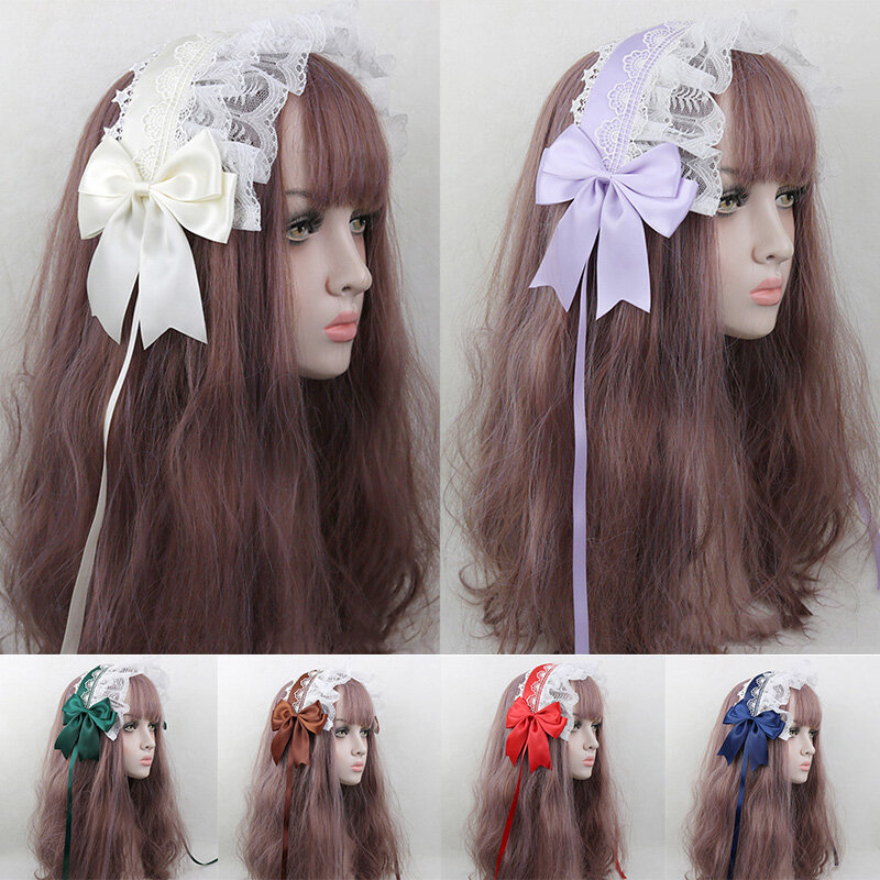 Koronkowe wstążki Bowknot pałąk Cosplay stroik śliczne japońskie słodkie urocza opaska do włosów Lolita Maid Cosplay akcesoria do włosów