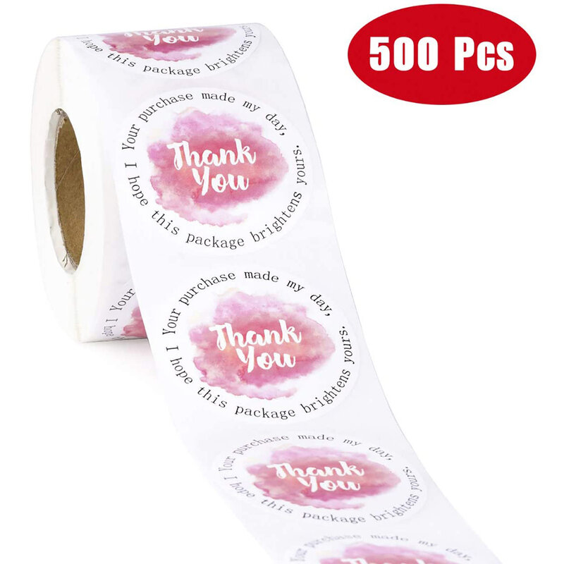 Round Thank You Stickers White Word Designs Pink Labels 500Pcs/roll Great For Business Gift Wrapping  Decoration Stickers