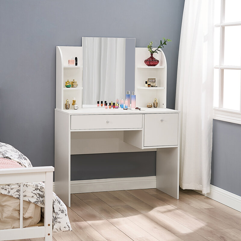 Panana Large Dressing Table With Drawer Storage Shelf And Cabinet 50X63CM Big Mirror Makeup Vanity Desk For Bedroom White