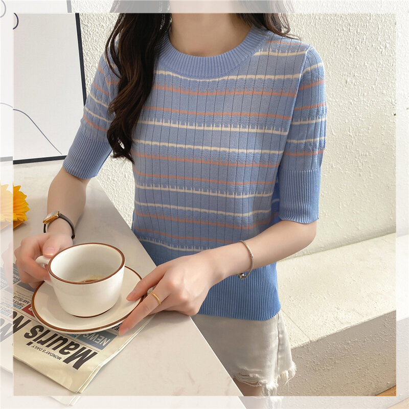 Cmartin-여성 티셔츠 반소매 레이디 티셔츠 스트라이프 여름 봄 가을 얇은 스웨터 캐주얼 o-넥 여성 패션 탑 티 1721 #