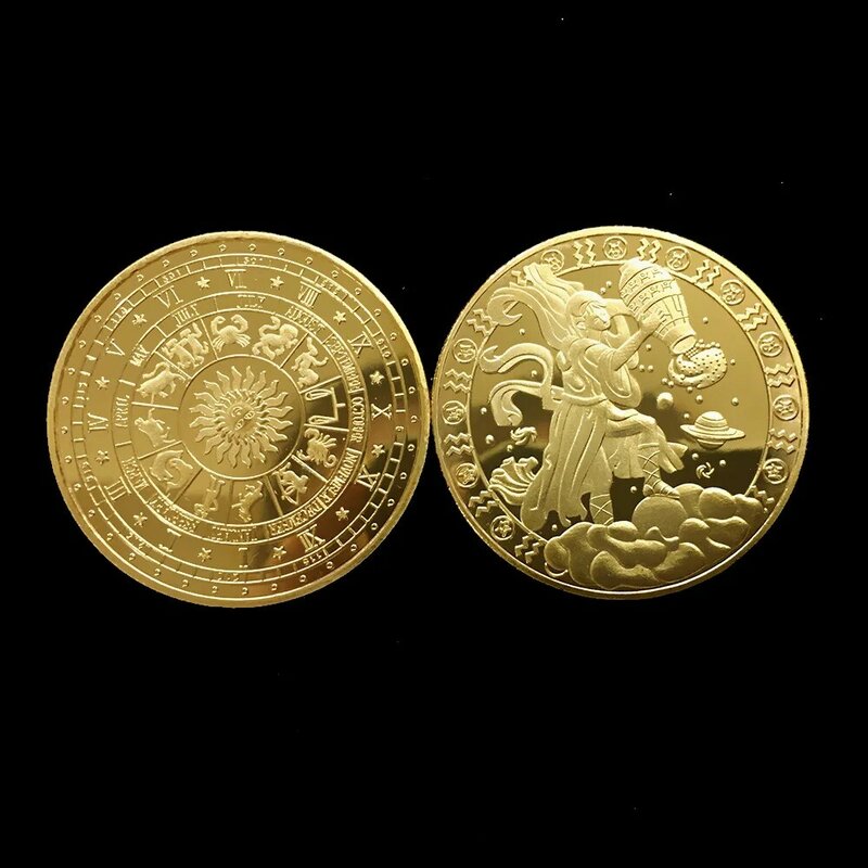 Na szczęście złote monety dwanaście konstelacji panna, baran, bliźnięta, wodnik, koziorożec, Leo, Taurus, ryby pozłacane złotem monety