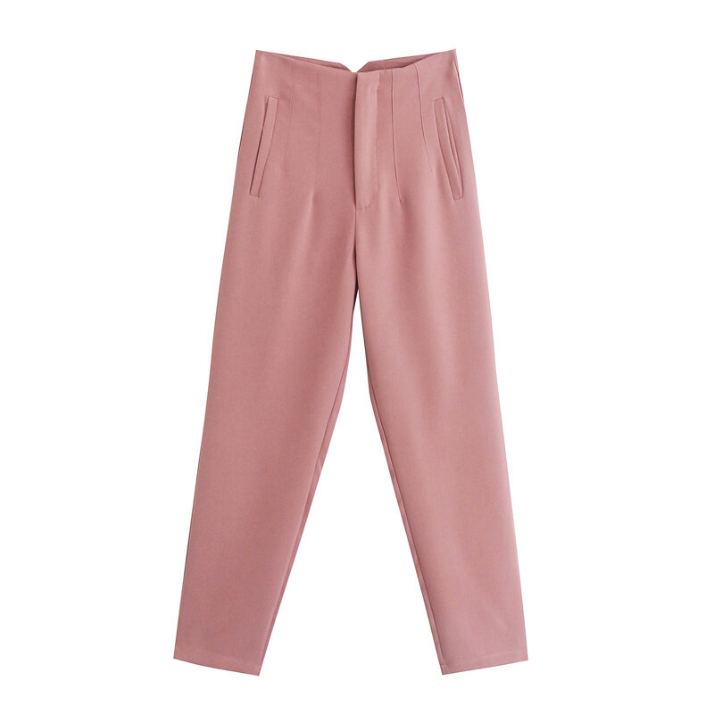 2021 Spring Trouser Suits High Waisted Pants Women Fashion Office Beige Pants Chic Button Zip Elegant Pink Casual Woman Pants