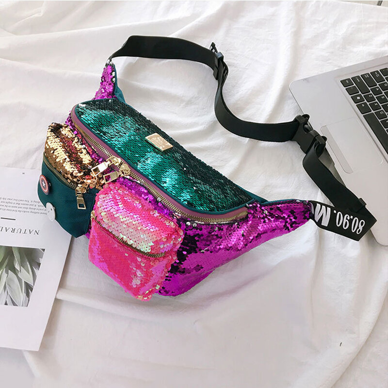 Mihaivina-riñonera de lentejuelas de Color para el pecho para mujer, bolso cruzado de gran capacidad, de diseñador, estilo Hip Hop