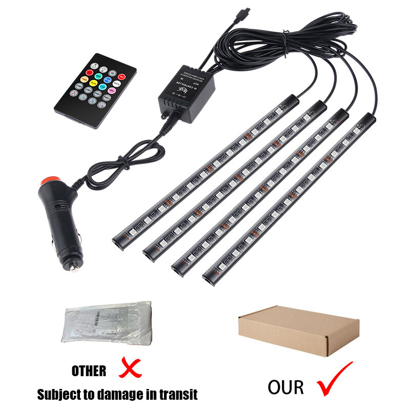 Oświetlenie podłogowe LED do samochodu, bezprzewodowa listwa LED z wejściem USB, sterowana pilotem, a także muzyką z wieloma trybami wyboru kolorów do wnętrza samochodu