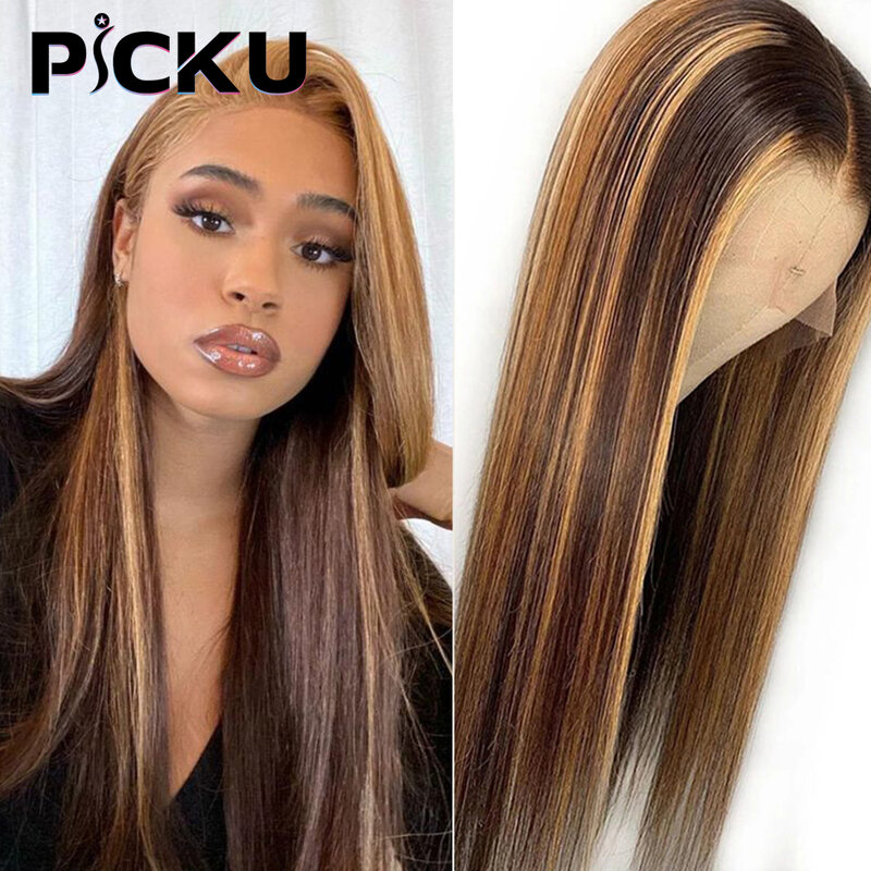 Highlight Wig Honey Blonde Brown Colored Human Hair Wigs 13X4 Frontal Straight Lace Closure Wig 180 Density Highlight Human Hair