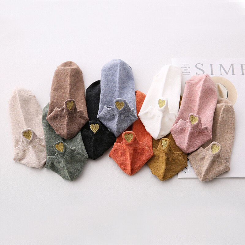 Calcetines tobilleros informales con bordado de corazón para mujer, calcetín de algodón, 4 pares, 2021