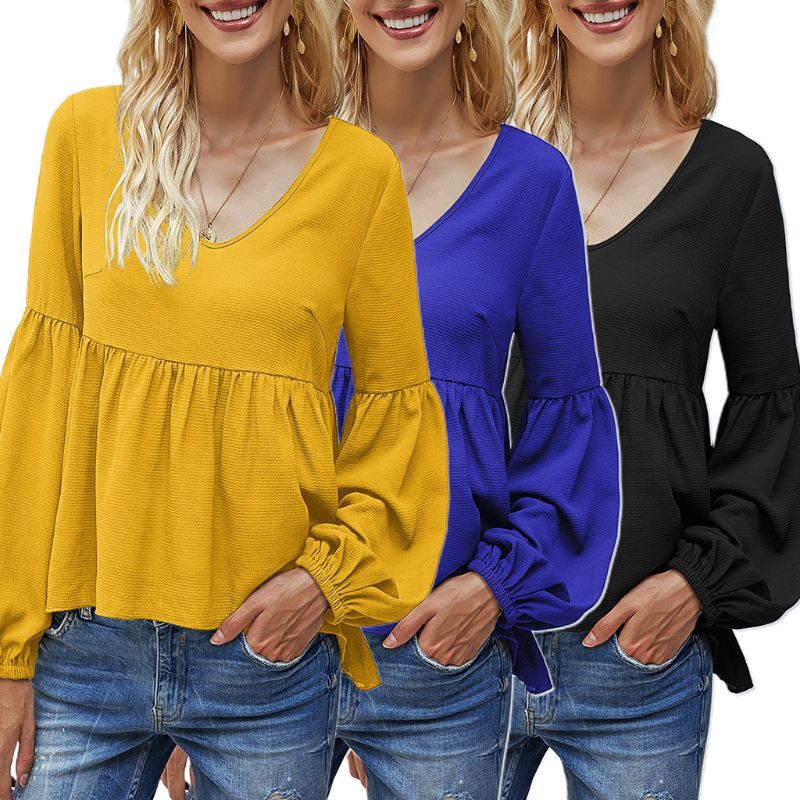 Frauen Mode Blase Langarm Bluse Sexy V-ausschnitt Lose Tops Einfarbig Hemd X3UE