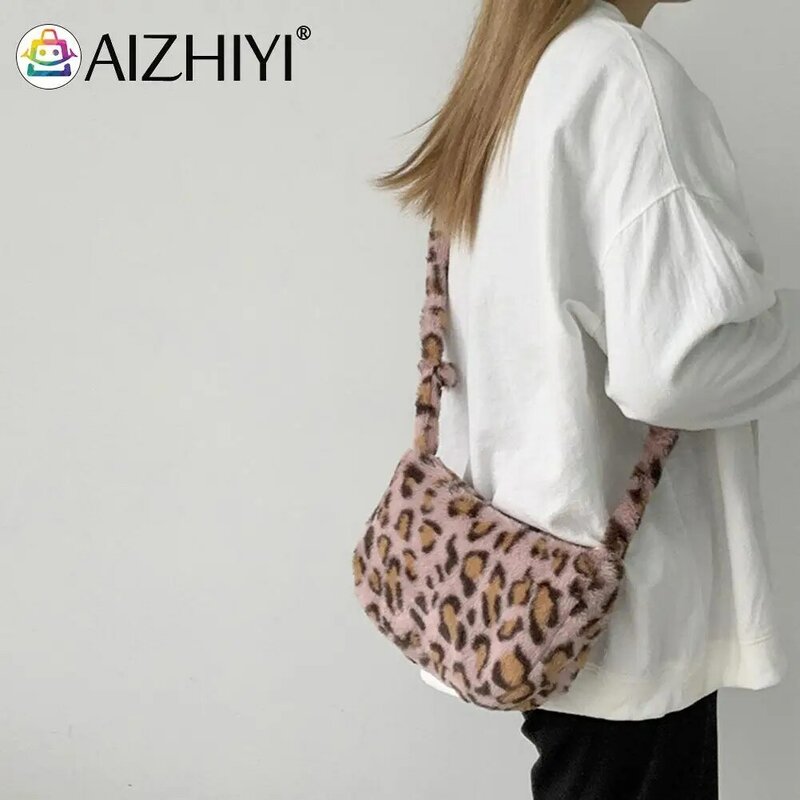 Ladies Handbags Women Fashion Leopard Pattern Printing Plush Shoulder Crossbody Messenger Bag Casual Soft Small Purse Handbags