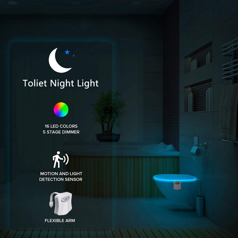 Luz LED nocturna para asiento de inodoro, lámpara de luz nocturna con Sensor de movimiento PIR, luz de fondo impermeable para cuenco de inodoro, WC y baño, 16 colores