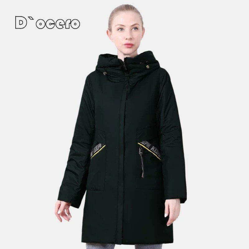D' ocero 2021 새 봄 자켓 여성 방수 가을 코트 후드 롱 플러스 사이즈 6XL 58/60 패션 파카 필러 얇은 아웃웨어
