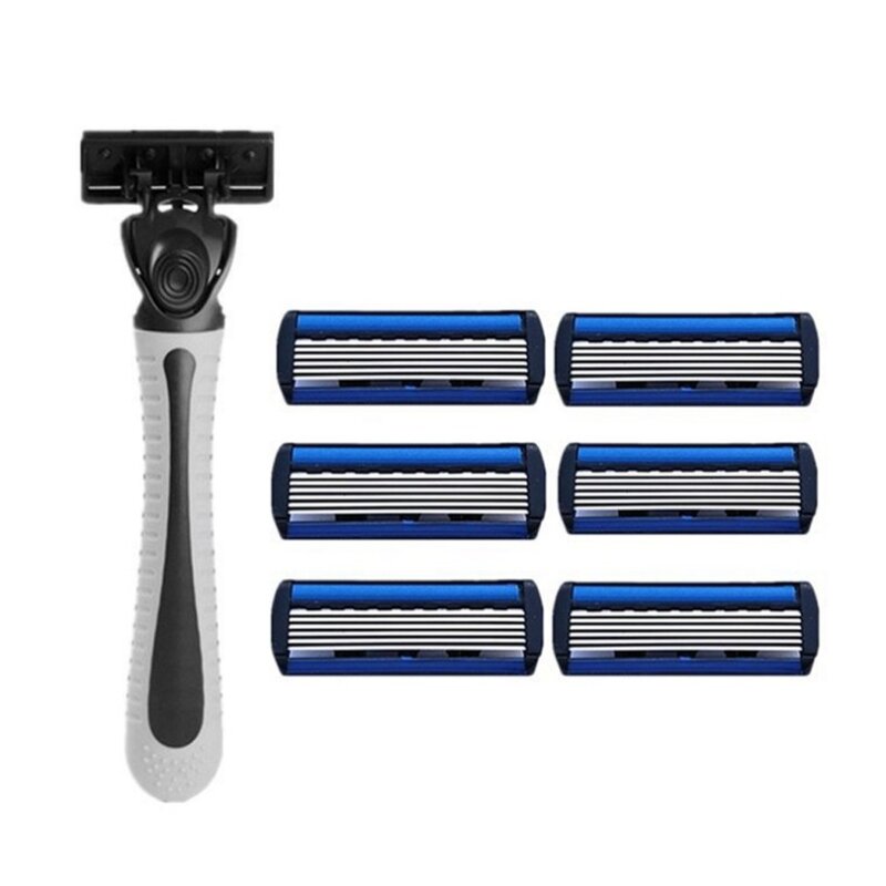 1pcs Beard Shaver Rack +6 pcs 6-Layer Blades Manual Beard Shaver Manual Hand Safety Razor 6PCS 6-Layer Blade Grip Anti-slip
