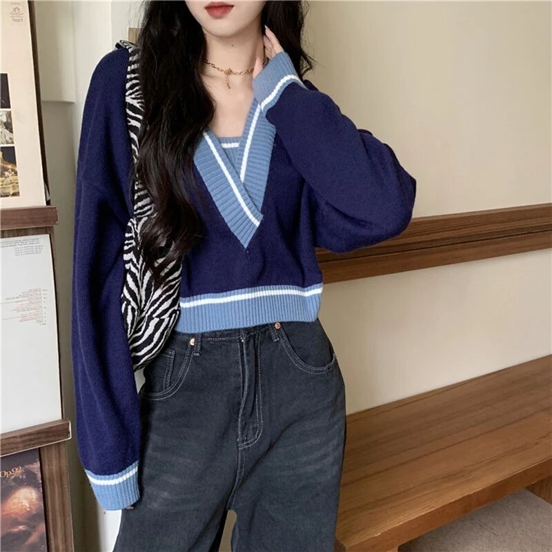 Suéter con cuello en V para mujer, Jersey informal de punto coreano Vintage, Tops cortos Harajuku para primavera y otoño