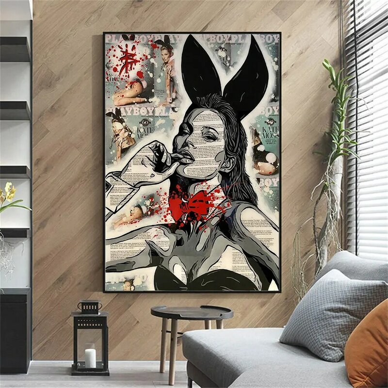 Pop arte bela mulher coelho menina poster impressão em tela pintura da parede decoração casa imagem para sala de estar sem moldura