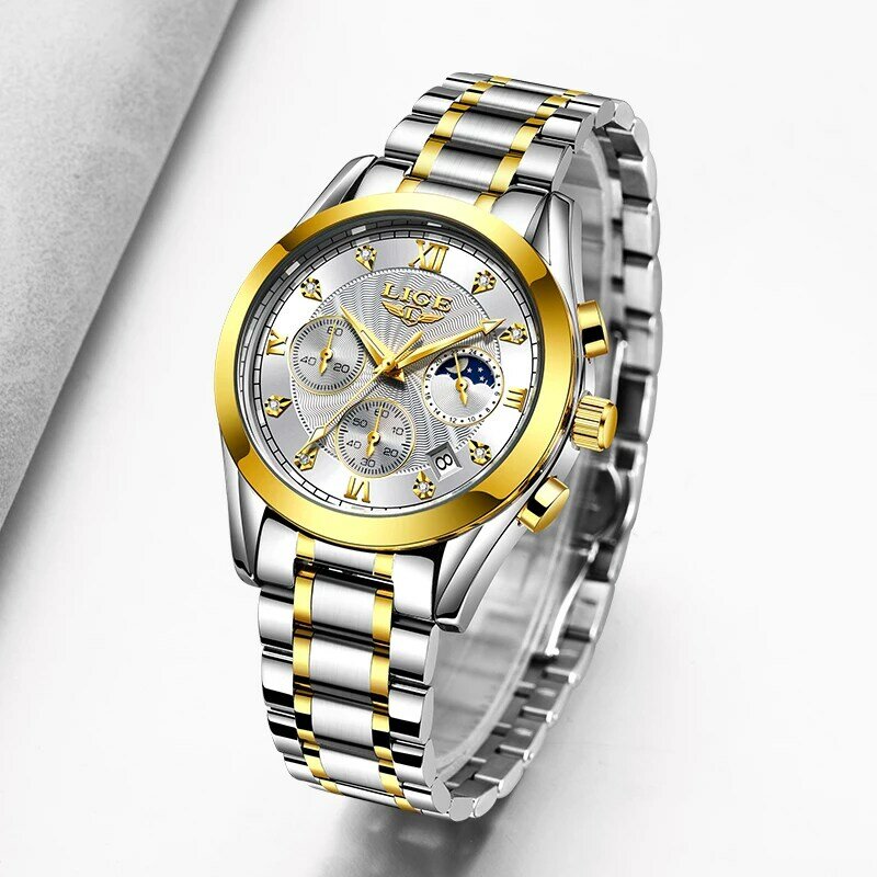LIGE 2020ใหม่นาฬิกาผู้หญิงนาฬิกาสุภาพสตรีสร้างสรรค์เหล็กสร้อยข้อมือสตรีนาฬิกาผู้หญิงกันน้ำน...