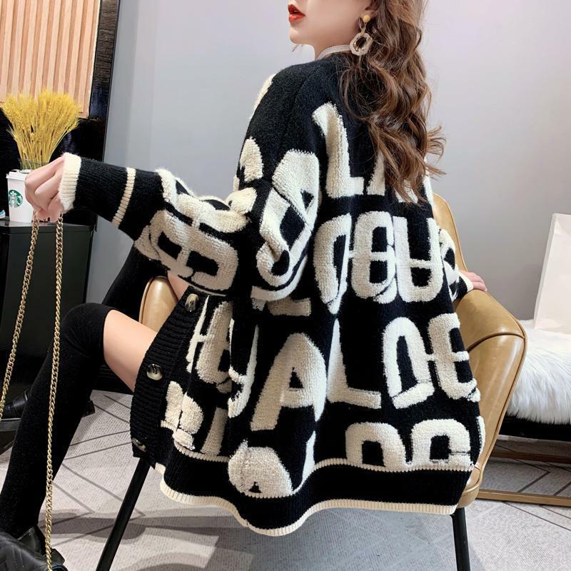 Winter knitted letter cardigan sweater coat 2021 new thickened cute cartoon embroidery V-neck cardigan women's jacket