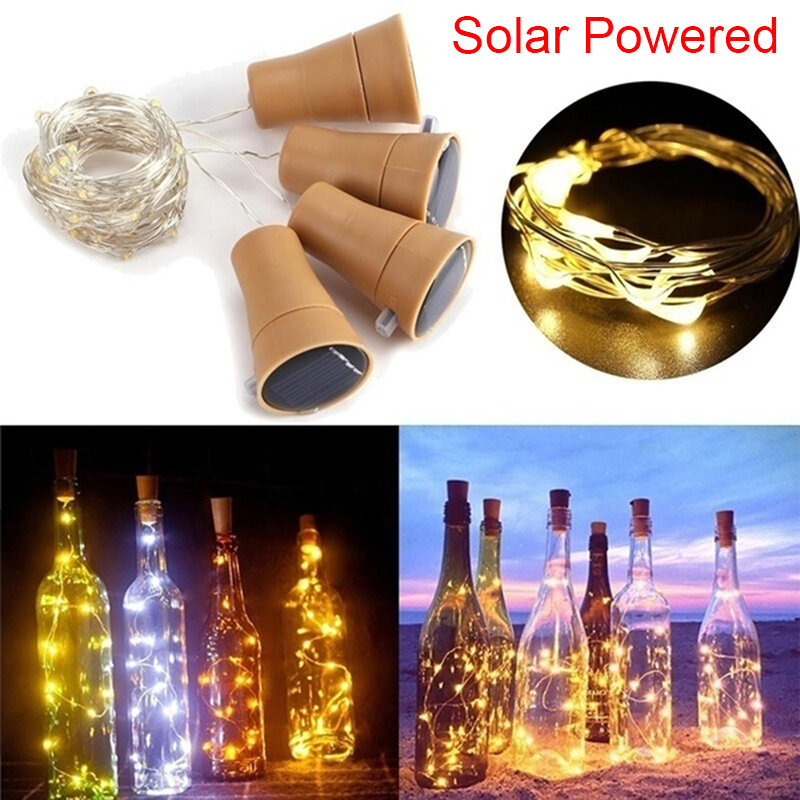 Guirlande lumineuse en fil de cuivre, 1 pièce, bouteille de vin à énergie solaire en liège, Festival, lumière extérieure féerique, 1M/2M