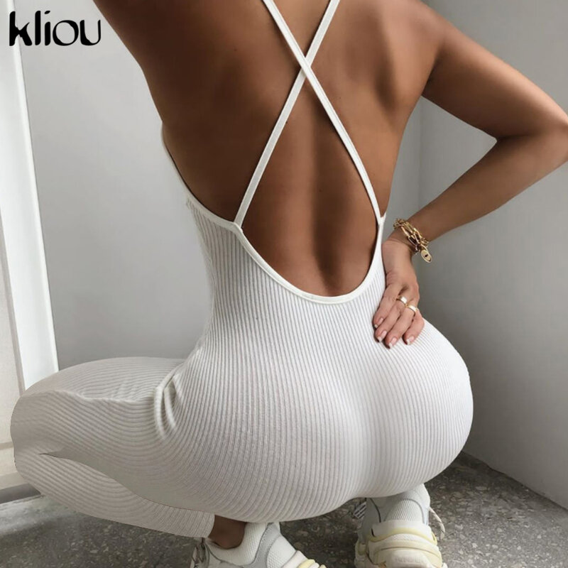 Kliou V-hals Skinny Sexy Jumpsuit Vrouwen Zomer Hollow Out Partywear Halter Mouwloos Streetwear Outfit Fitness Backless